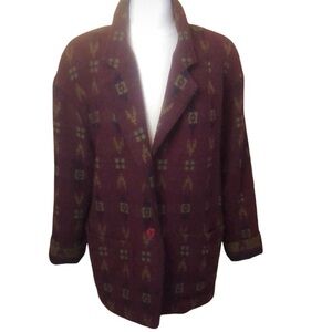 Vintage Toffs SouthWestern Burgundy Blazer w/mustard,black & green designs SizeM